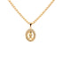 A 14k gold-filled Cuban link necklace with a detailed oval pendant on a white background. The Little Boy Pendant Necklace features a central figure framed with small clear stones arranged in a decorative pattern, making it an ideal Mother's Day gift.